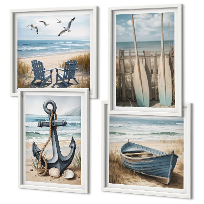 Pripravljena stenska galerija Sidro, čoln, vesla, plaža