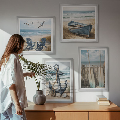 Pripravljena stenska galerija Sidro, čoln, vesla, plaža