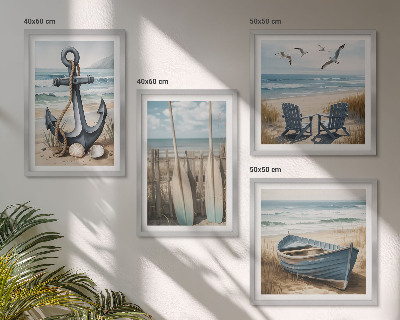 Pripravljena stenska galerija Sidro, čoln, vesla, plaža