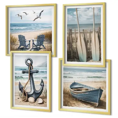 Pripravljena stenska galerija s motivom sidra, čolna, vesel in plaže