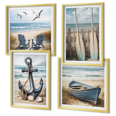 Pripravljena stenska galerija Sidro, čoln, vesla, plaža