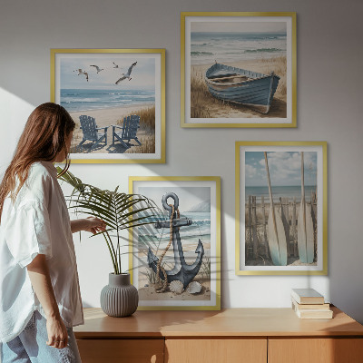Pripravljena stenska galerija Sidro, čoln, vesla, plaža