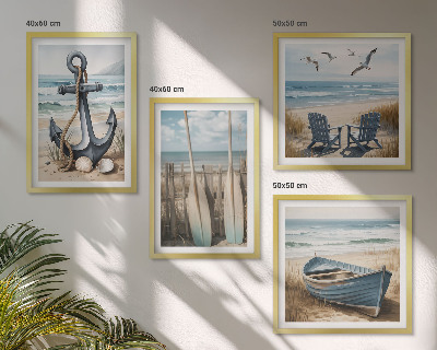 Pripravljena stenska galerija Sidro, čoln, vesla, plaža
