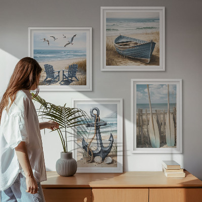 Pripravljena stenska galerija Sidro, čoln, vesla, plaža