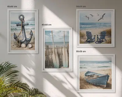Pripravljena stenska galerija s motivom sidra, čolna, vesel in plaže