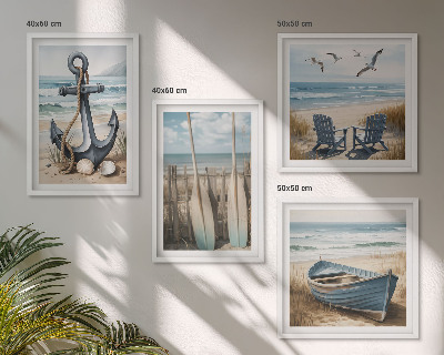 Pripravljena stenska galerija Sidro, čoln, vesla, plaža