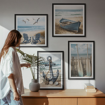 Pripravljena stenska galerija Sidro, čoln, vesla, plaža