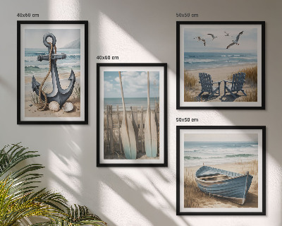 Pripravljena stenska galerija Sidro, čoln, vesla, plaža