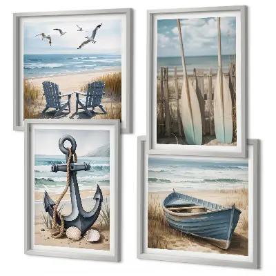 Pripravljena stenska galerija s motivom sidra, čolna, vesel in plaže