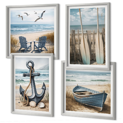 Pripravljena stenska galerija Sidro, čoln, vesla, plaža
