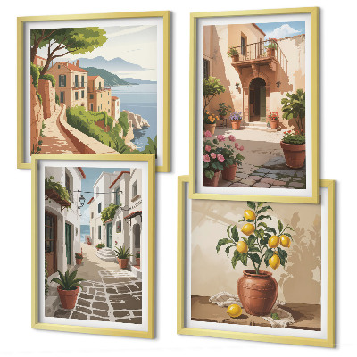 Set 4 slik v okvirju Ulice, hiše, rastline, lonci