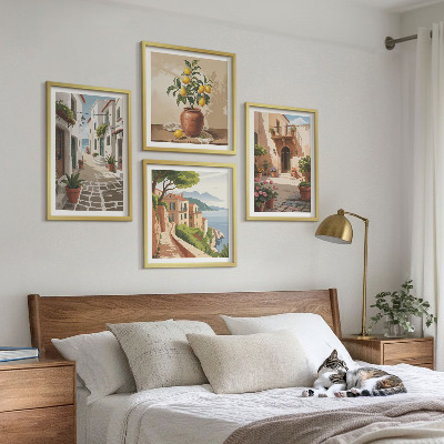 Set 4 slik v okvirju Ulice, hiše, rastline, lonci