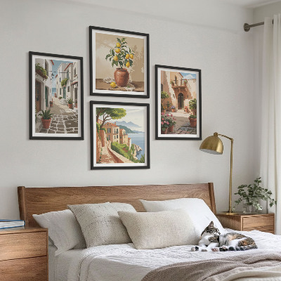 Set 4 slik v okvirju Ulice, hiše, rastline, lonci