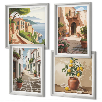 Set 4 slik v okvirju Ulice, hiše, rastline, lonci
