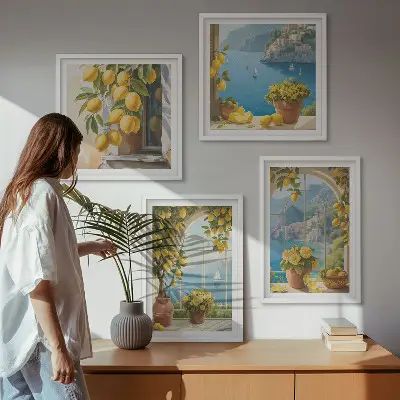 Pripravljena stenska galerija z motivi pokrajin, morja, limon in oken
