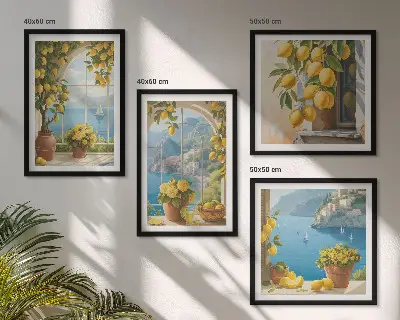 Pripravljena stenska galerija z motivi pokrajin, morja, limon in oken