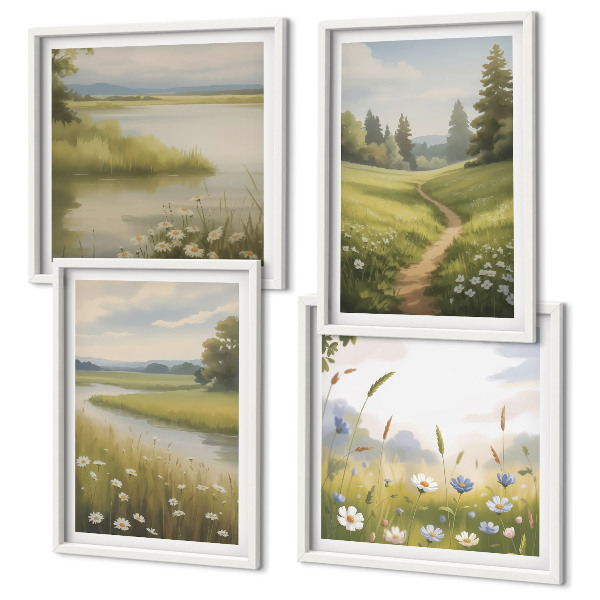 Set 4 slik v okvirju Pomladna pokrajina rečni travnik