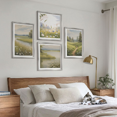 Set 4 slik v okvirju Pomladna pokrajina rečni travnik