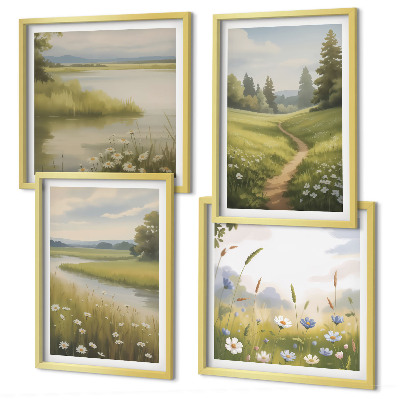 Set 4 slik v okvirju Pomladna pokrajina rečni travnik