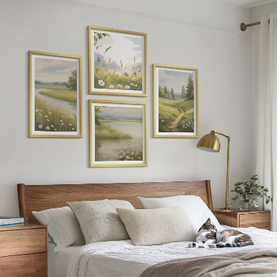 Set 4 slik v okvirju Pomladna pokrajina rečni travnik
