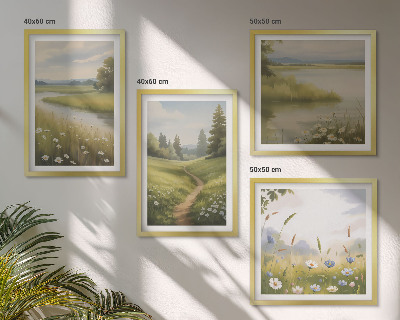 Set 4 slik v okvirju Pomladna pokrajina rečni travnik