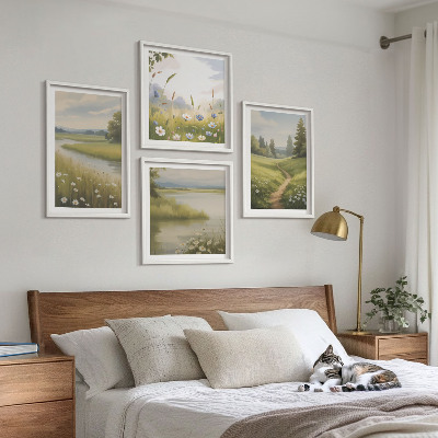 Set 4 slik v okvirju Pomladna pokrajina rečni travnik