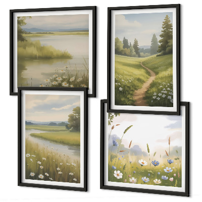 Set 4 slik v okvirju Pomladna pokrajina rečni travnik