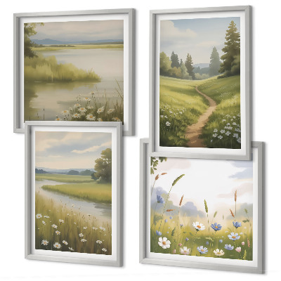 Set 4 slik v okvirju Pomladna pokrajina rečni travnik