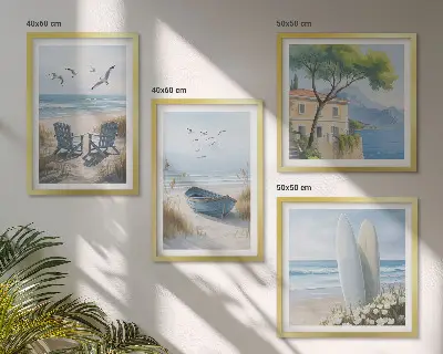 Komplet štirih slik v okvirju z motivom deske za surfanje, čolna in ptic