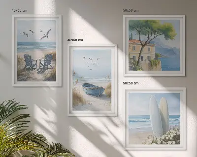 Komplet štirih slik v okvirju z motivom deske za surfanje, čolna in ptic