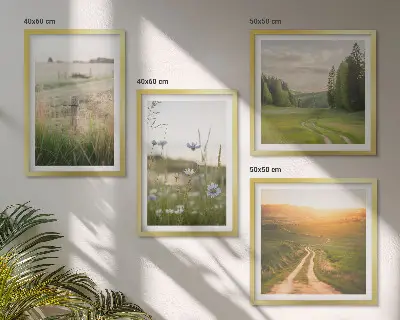 Pripravljena stenska galerija pokrajina narave s polji in soncem