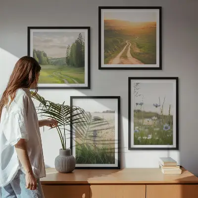 Pripravljena stenska galerija pokrajina narave s polji in soncem