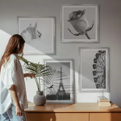Pripravljena stenska galerija črno-bela panoramska slika s kolesom, Eifflovim stolpom in konjem