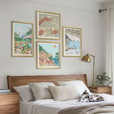 Pripravljena stenska galerija Pastelne obmorske hiše