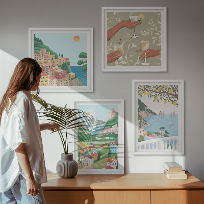 Pripravljena stenska galerija Pastelne obmorske hiše