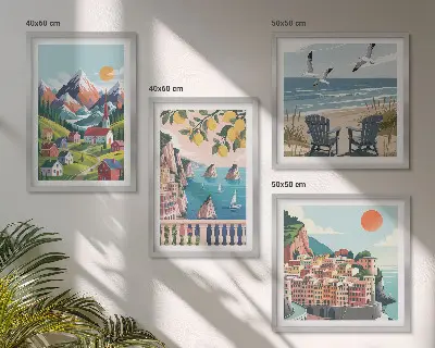 Komplet slik nad zofo z motivom barvitih gora in obalnih mest