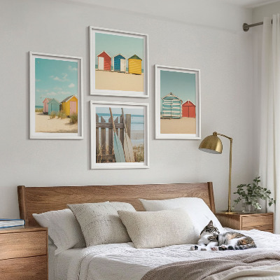 Set 4 slik v okvirju Barvite hiše, plaža, sonce