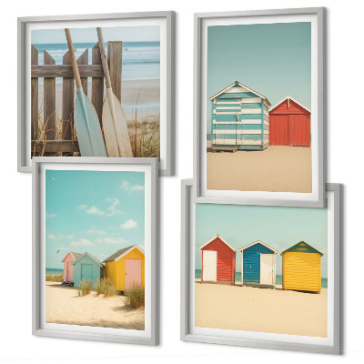 Set 4 slik v okvirju Barvite hiše, plaža, sonce
