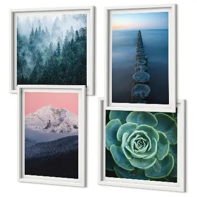 Pripravljena stenska galerija z motivom gora, rožnatega neba, vode in sukulent