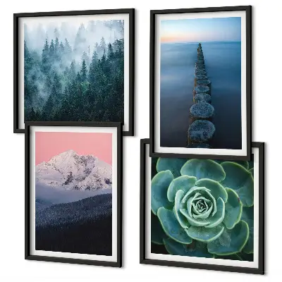 Pripravljena stenska galerija z motivom gora, rožnatega neba, vode in sukulent