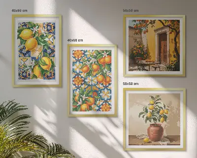 Komplet 4 slik v okvirju z vzorci limonino-oranžnih cvetov