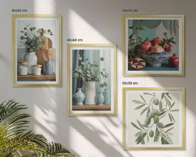 Pripravljena stenska galerija z motivom zelenih oljčnih vej in evkaliptusa
