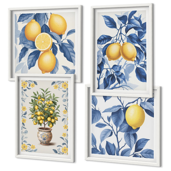Set 4 slik v okvirju Modri listi limonine veje