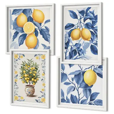 Set 4 slik v okvirju z motivom modrih listov limonine veje