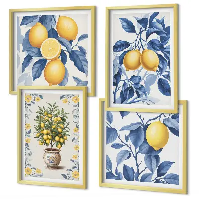Set 4 slik v okvirju z motivom modrih listov limonine veje