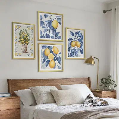 Set 4 slik v okvirju z motivom modrih listov limonine veje