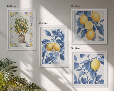 Set 4 slik v okvirju Modri ​​listi limonine veje