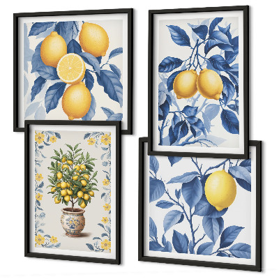 Set 4 slik v okvirju Modri ​​listi limonine veje