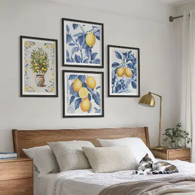 Set 4 slik v okvirju z motivom modrih listov limonine veje