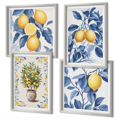 Set 4 slik v okvirju Modri ​​listi limonine veje